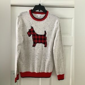 Mens white tweed sweater with dog design on front